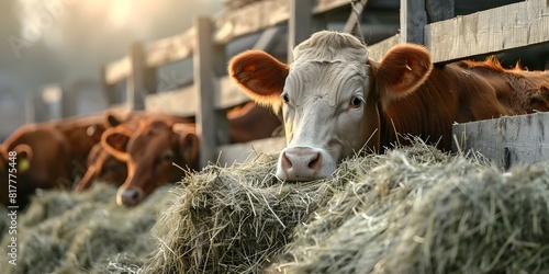 Cows eating hay in barn. Concept Livestock, Agriculture, Farming, Animals, Rural Life