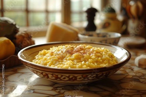 Risotto alla Milanese: Creamy saffron-infused risotto with a bright yellow color and a slightly glossy finish. -