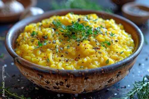 Risotto alla Milanese: Creamy saffron-infused risotto with a bright yellow color and a slightly glossy finish. -