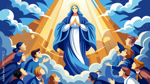 Celestial Madonna Amidst Worshippers: A Vibrant Illustration of Devotion. Assumption of the Blessed Virgin Mary