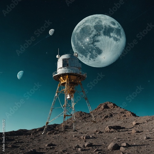 "Remembering the bold steps into the final frontier."Background: Turquoise sky with the moon and satellite.