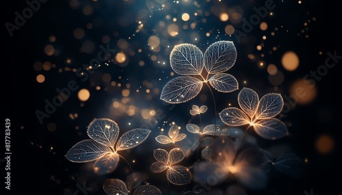 An abstract background image of Minima leaves with magical lights in a forest