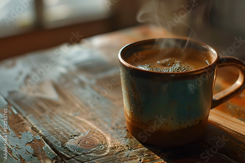 a cup of coffee on a rustic table with steam rising, representing morning rituals and caffeine consumption