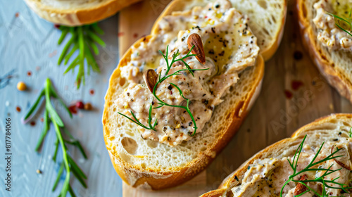 Tuna pate on bread with herbs and spices on wooden background