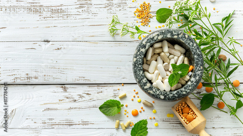Stone mortar with pills and different herbs on white wooden