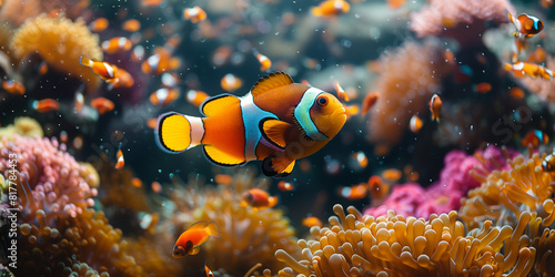 A clown fish navigates through vibrant anemones and corals in an underwater habitat