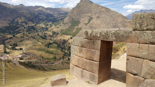 Ancient ruins in the archaeological park of Pisac in Peru