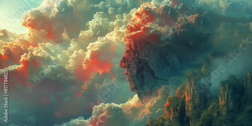 A painting depicting a mountain with clouds in the background ethereality