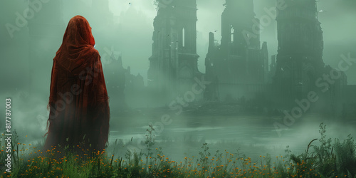 A woman wearing a red cloak stands in front of a foggy cityscape fate