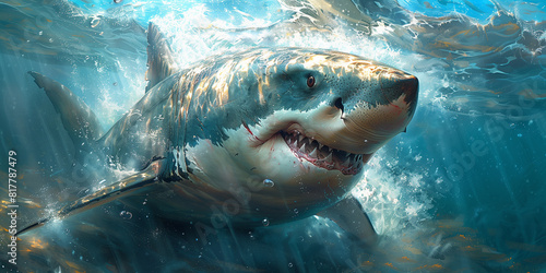A Great White shark swimming in the ocean with its mouth open