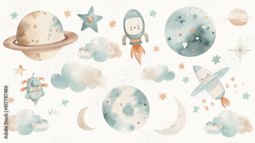 Cute whimsical clip art collection on white background with margins, watercolor, space exploration, cute clouds, desaturated, light teal and beige