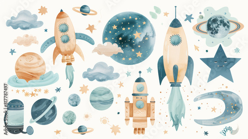 Cute whimsical clip art collection on white background with margins, watercolor, space exploration, cute clouds, desaturated, light teal and beige