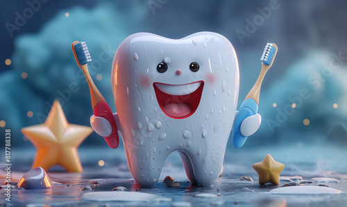 Diseño 3D una muela feliz sujetando dos cepillos de dientes, múltiples colores y azul, chorrete de pasta dental, unas estrellas. Educación dental dirigida a niños. Divertido concepto, recurso gráfico