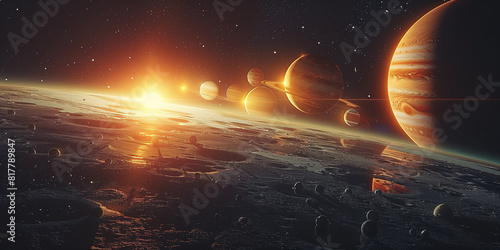 Planets in the solar system aligning in space in a stylized illustration
