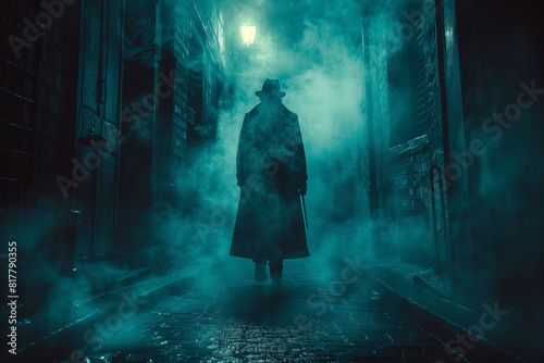 Silhouette of man in a trench coat walks down a dimly lit alley at night noir