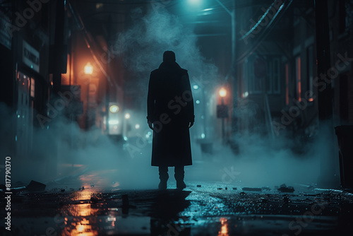 Silhouette of man wearing a trench coat walks along a dimly lit street at night noir