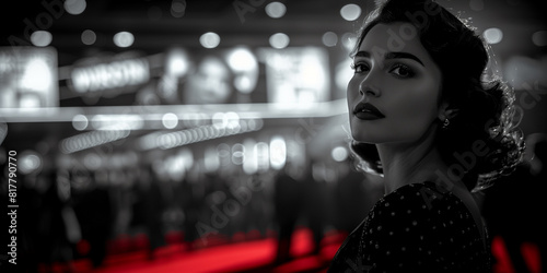 A woman in black and white clothing stands on a vibrant red carpet noir