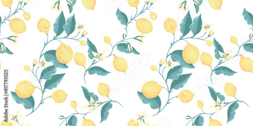 Blooming yellow lemons, on branch with leaves and buds flowers intertwined in a seamless pattern. Vector hand drawing. Abstract artistic citrus fruit repeated printing on a white background.