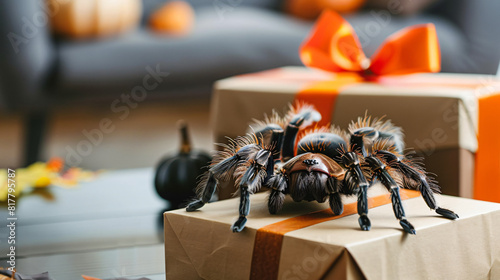 Tarantula and gift boxes on coffee table in living room