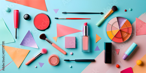 Set of decorative cosmetics on color background. Makeup cosmetics tools background