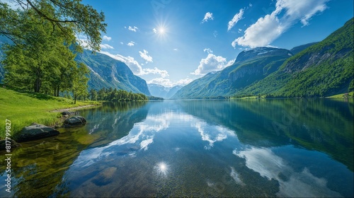 Tranquil fjord landscape with reflections