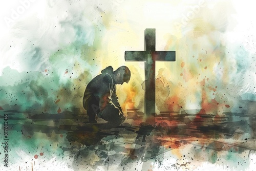 A man kneeling in front of a cross. Suitable for religious themes