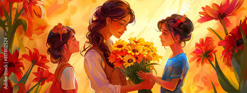 Illustration of a mother receiving flowers from her children.