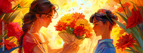 Illustration of a mother receiving flowers from her children.