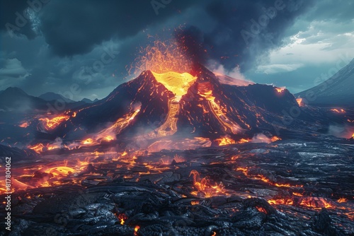 Volcano erupting with flowing lava under dark sky