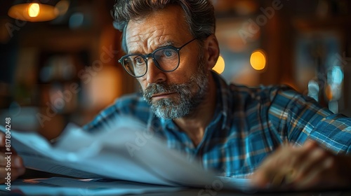 A man in his 40s is looking at a document with a serious expression. He is wearing glasses and has a beard. He is wearing a plaid shirt.