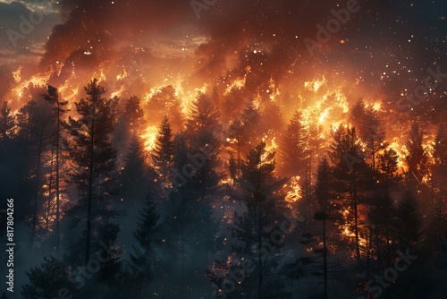 A close up of a forest fire with a sky background