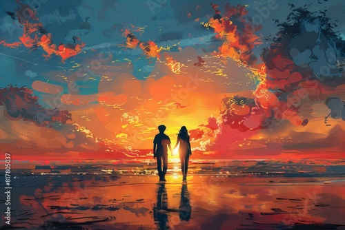 Couple strolling beach during sunset