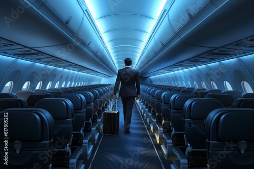 A businessman with luggage walking through an airplane cabin, conveying a sense of journey and professionalism