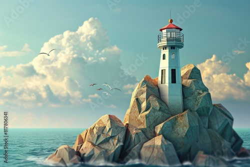 A picturesque lighthouse standing on a rocky outcrop in the middle of the vast ocean. Ideal for maritime and navigation concepts