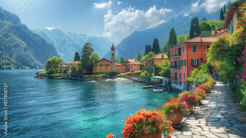 illustration of lake, garden walkway, houses, switzerland, vibrant colors in nature, nature painter, italian landscapes