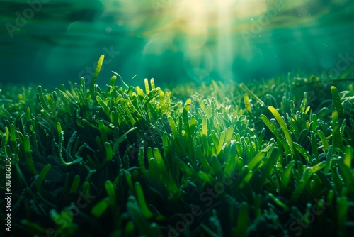 Sea floor algae landscape. Sunbeams coming from above