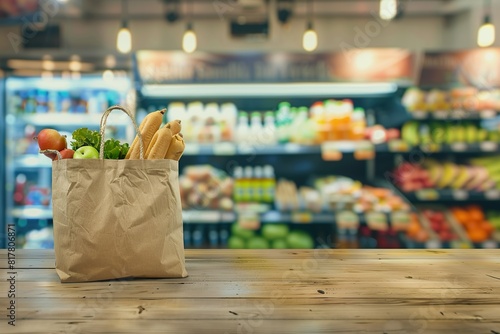 Paper shopping bag filled with fresh groceries on a wooden table in a supermarket background