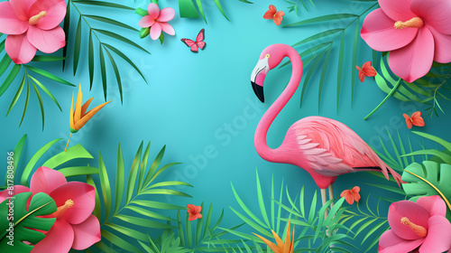 Pink flamingo on a blue background, surrounded by palm leaves, butterflies and exotic plants. Creative art design of beautiful vibrant wild bird. Summer tropical illustration with Phoenicopterus.