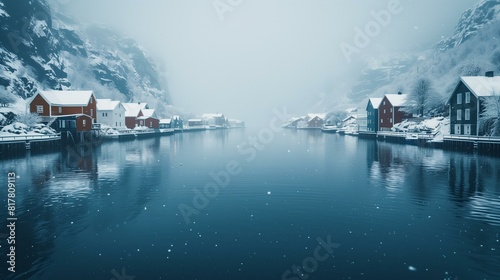 Beautiful winter scenery scandinavian village with traditional houses snow-covered mountains in background