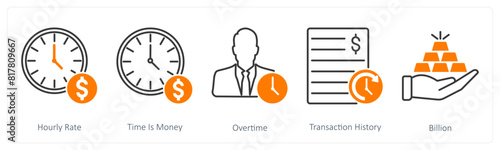 A set of 5 Banking icons as hourly rate, time is money, overtime