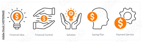 A set of 5 Banking icons as financial idea, financial control, solution