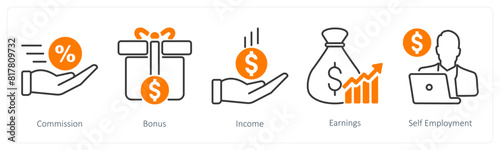 A set of 5 Banking icons as commission, bonus, income