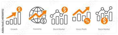 A set of 5 Banking icons as growth, economy, stock market