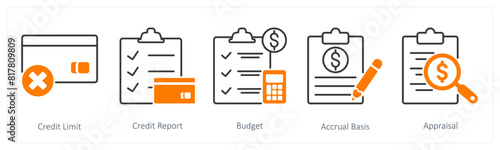 A set of 5 Banking icons as credit limit, credit report, budget