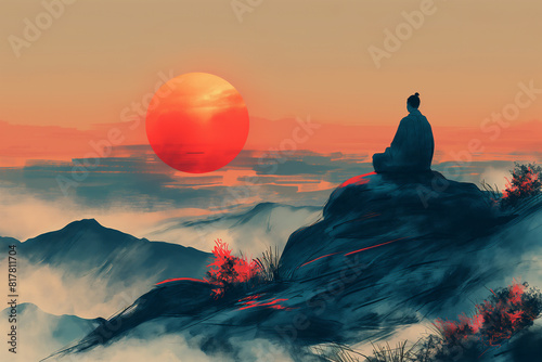 Doodle illustration of Tibetic monk silhouette meditating in mountains in sunset time. Selective focus 