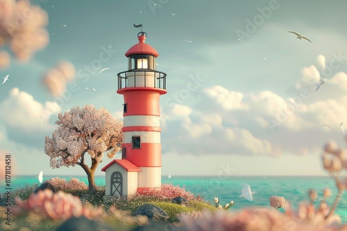 A red and white lighthouse on a lush green hillside. Perfect for travel and nature concepts