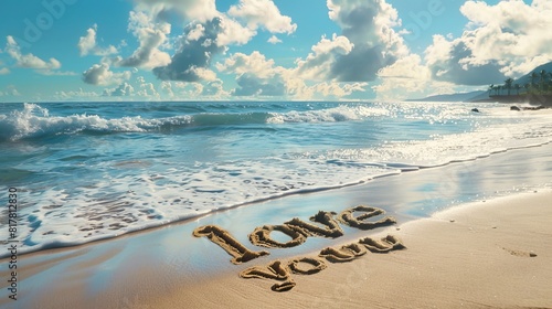 A picturesque beach scene with "I love you" carved in large letters into the golden sand, waves gently lapping nearby