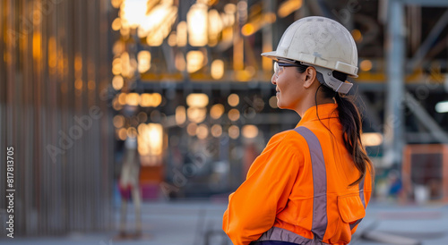 Female person construction worker in high vis orange workwear hardhat helmet for building engineer scafold contractor diversity workforce labor hire banner with copy space woman infrastructure job 