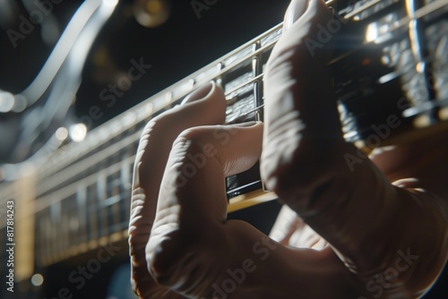musician's hand pressing chords on an electric guitar