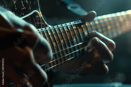 musician's hand pressing chords on an electric guitar